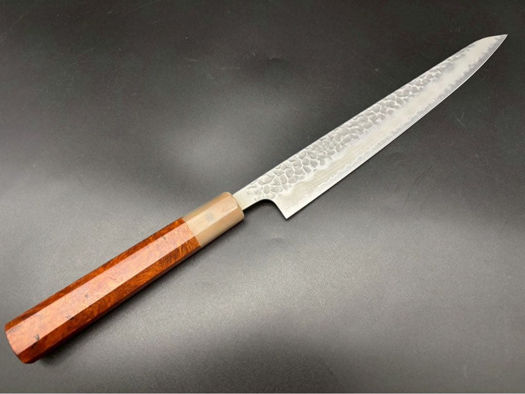 日本製　青紙スーパー鋼割り込み筋引き包丁240mm 花梨瘤八角柄　柳刃包丁