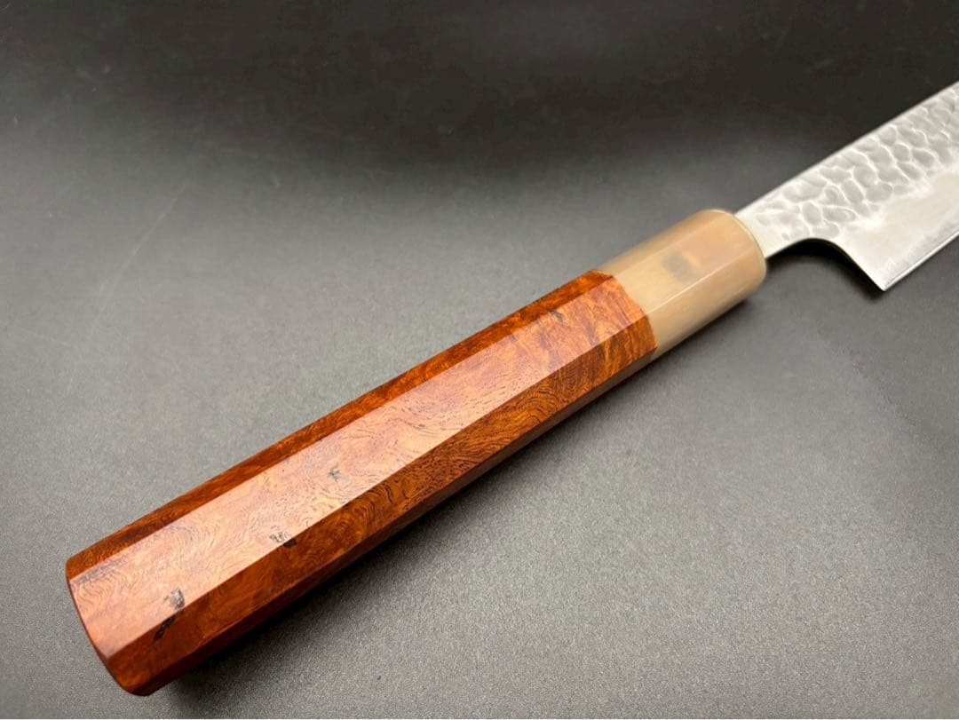 日本製　青紙スーパー鋼割り込み筋引き包丁240mm 花梨瘤八角柄　柳刃包丁
