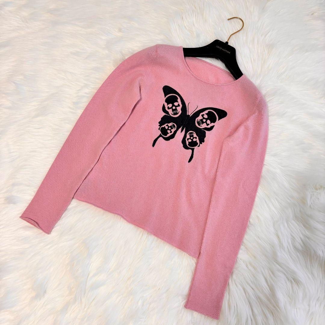 本物 ルシアペラフィネ カシミヤ バタフライ セーター ピンク×黒 Ｓ