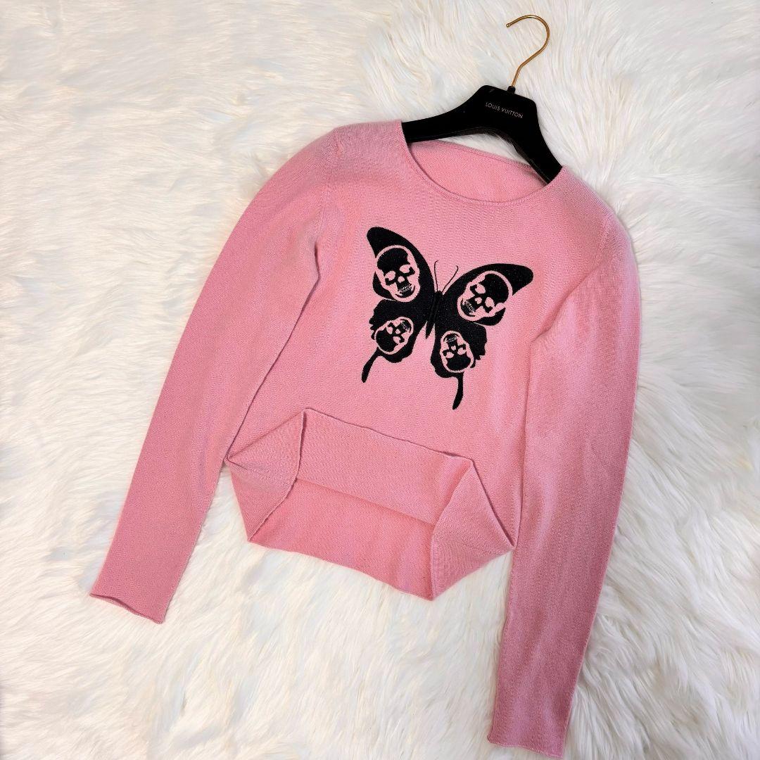 本物 ルシアペラフィネ カシミヤ バタフライ セーター ピンク×黒 Ｓ