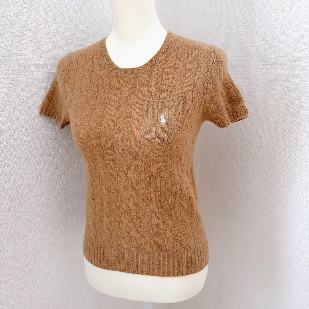 ラルフローレン　ケーブルニット　刺繍ロゴ　カシミヤ　ウール　半袖ニット　ベージュ