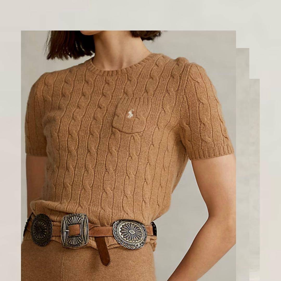 ラルフローレン　ケーブルニット　刺繍ロゴ　カシミヤ　ウール　半袖ニット　ベージュ