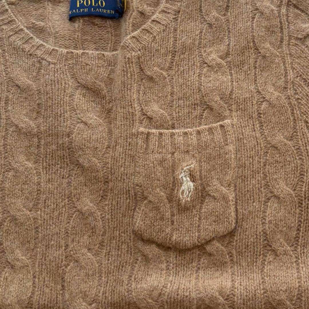 ラルフローレン　ケーブルニット　刺繍ロゴ　カシミヤ　ウール　半袖ニット　ベージュ