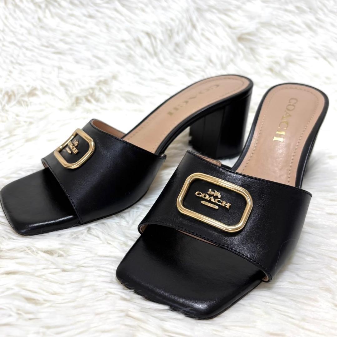 【美品】コーチ　スクエアトゥミュール　ヒール　ロゴ金具　ブラック　23.5cm