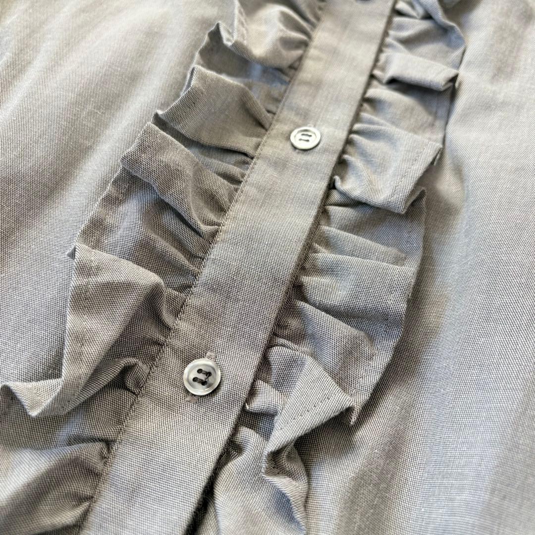 オーガ　フリルシャツ　ノーカラー　ラウンドヘム　サイドスリット　グレー　Fサイズ