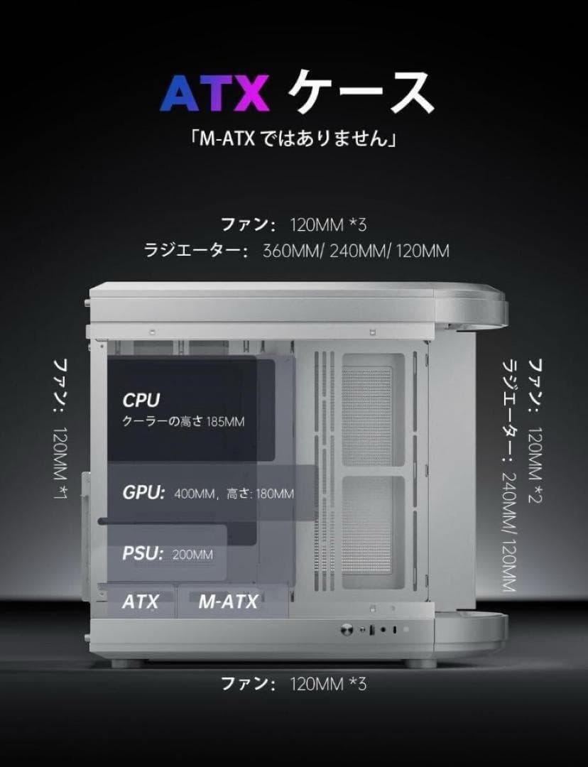 AsiaHorse ATX PCケース RGBファン付 ミドルタワー 強化ガラス