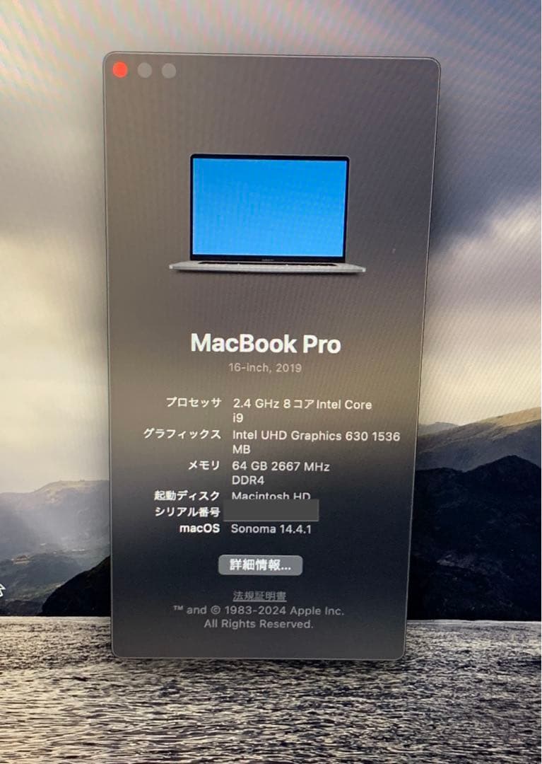 MacBook本体 MacBook pro 2019 16in/ i9 / 64GB / 2TB
