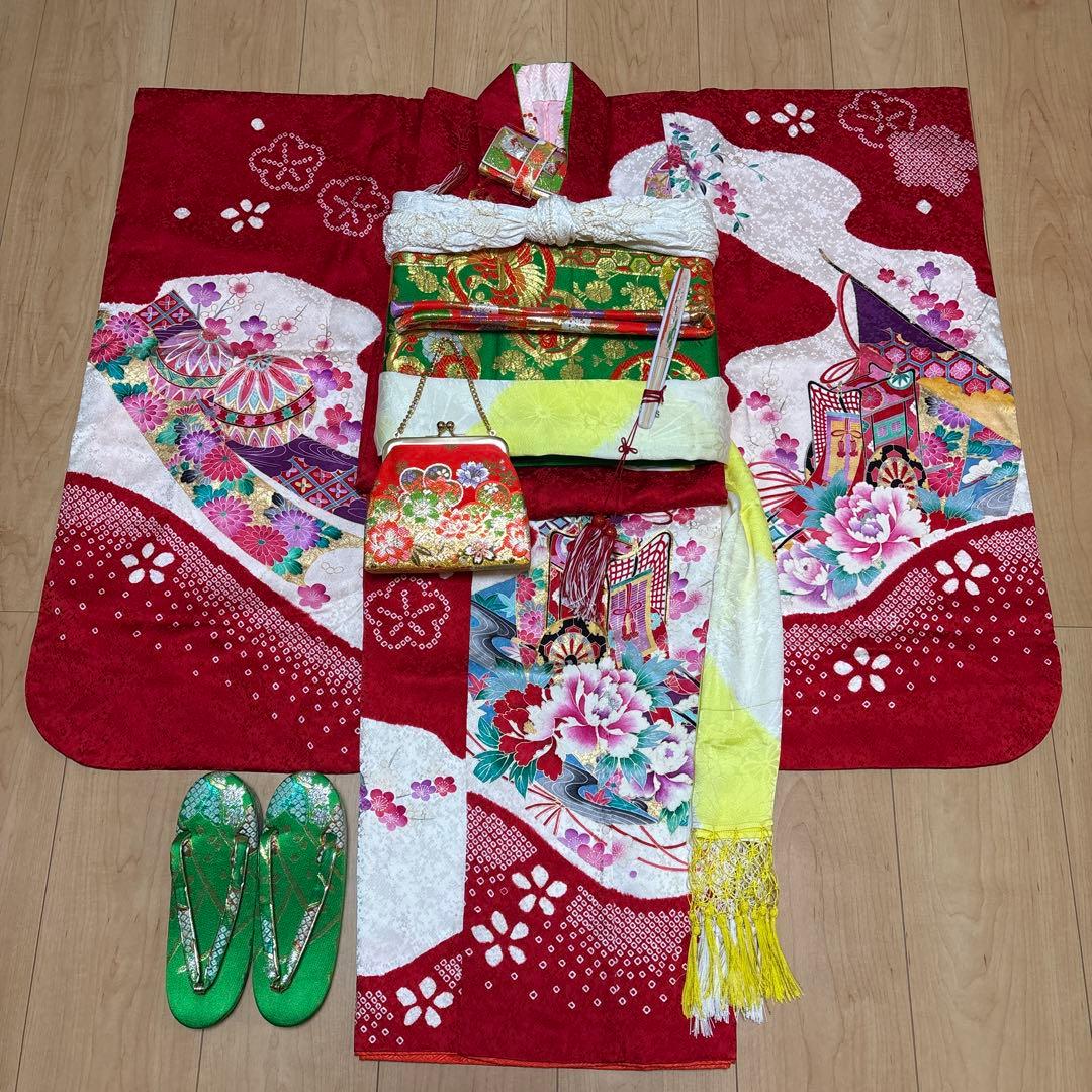 161 正絹　真紅×絞り　疋田　7歳 七五三着物フルセット　和装小物　袋帯