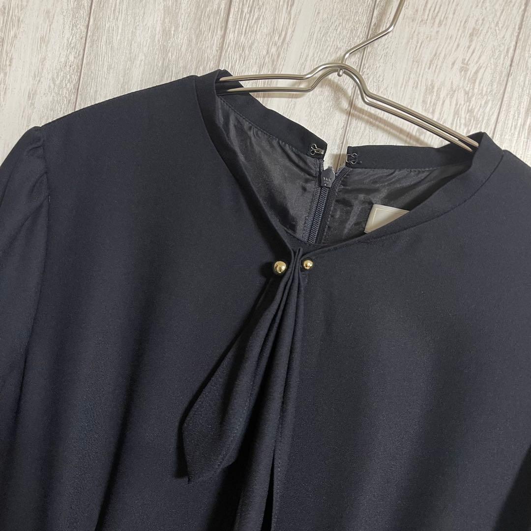 おりばー　セルフォード ボウタイプリーツ ワンピース リボン ネイビー