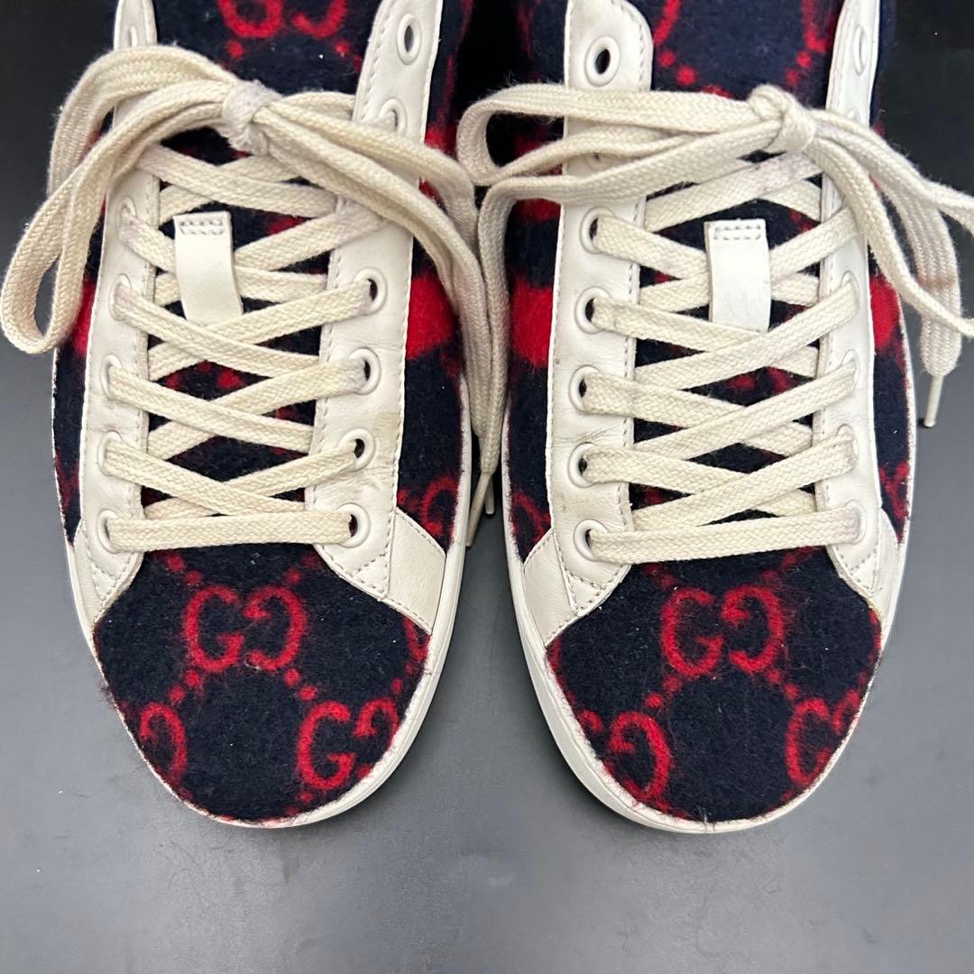【極美品】グッチ GGウール ジャンボ スニーカー メンズ ニット 紺 26.5