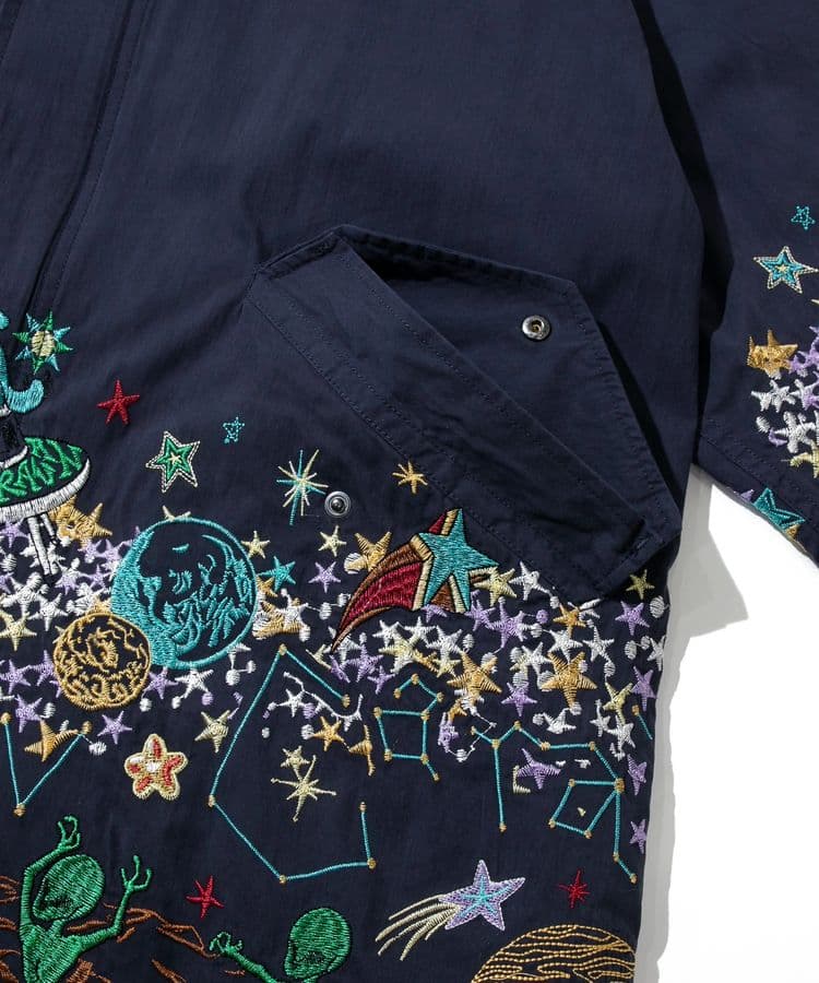 宇宙 ネイビー ロングコート 刺繍モッズコート