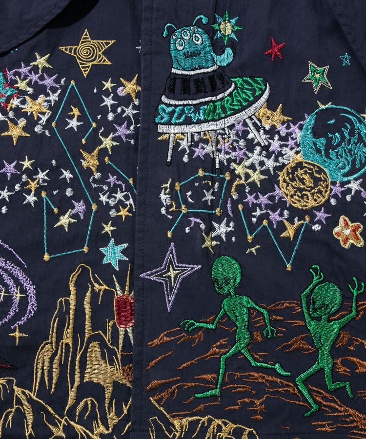 宇宙 ネイビー ロングコート 刺繍モッズコート