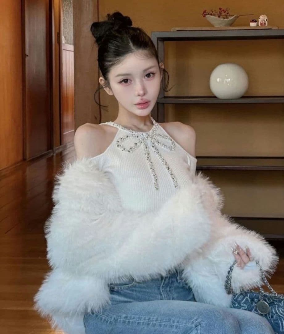 新品　ダーリッチ Darich リボンビジューアメスリニットトップス　ホワイト