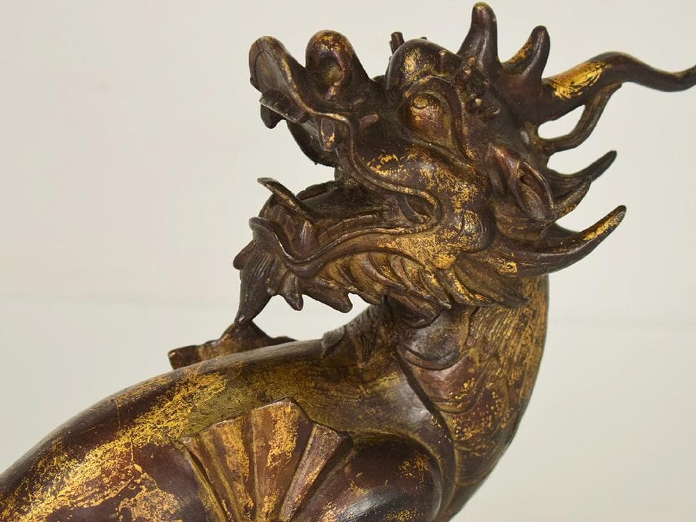 【銅】　★ 文房 銅鍍金坐姿獬豸造像 ★　清朝期　伝説神獣 細密鋳造　雅玩雑項