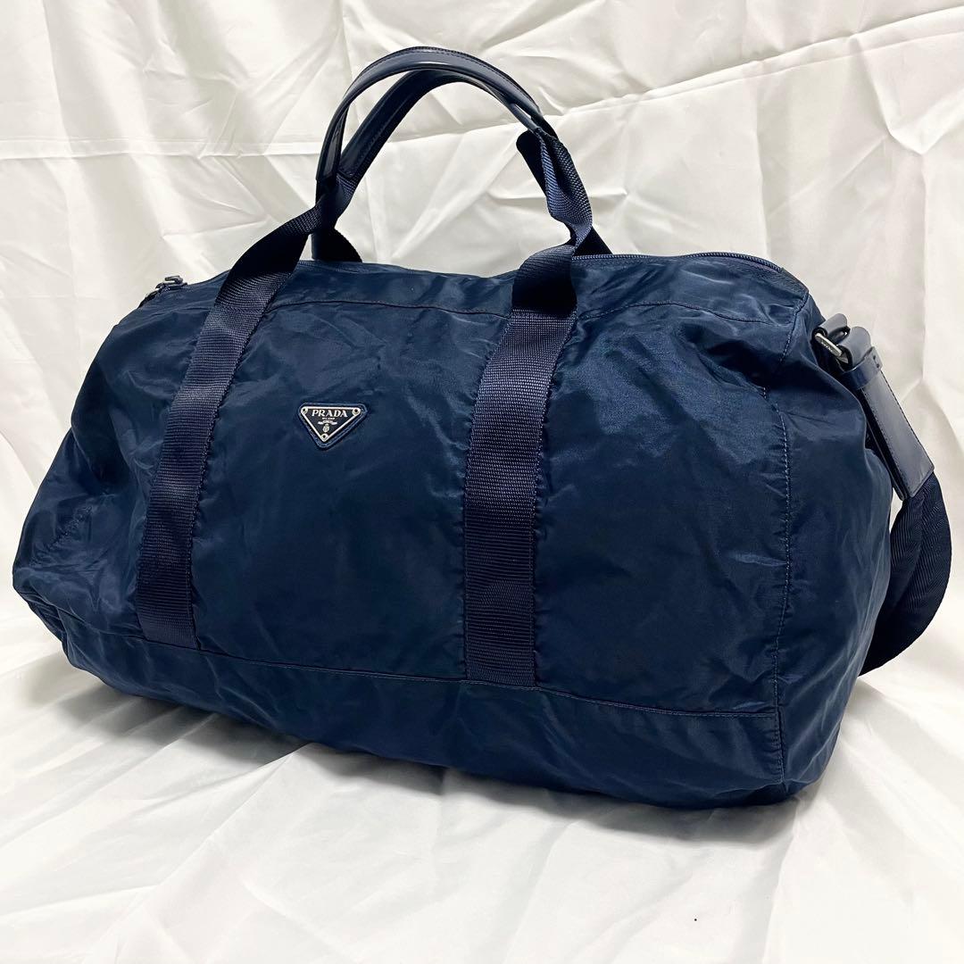 プラダ 三角ロゴ 金具 2way レザー ナイロン ボストンバッグ 斜め掛け 紺