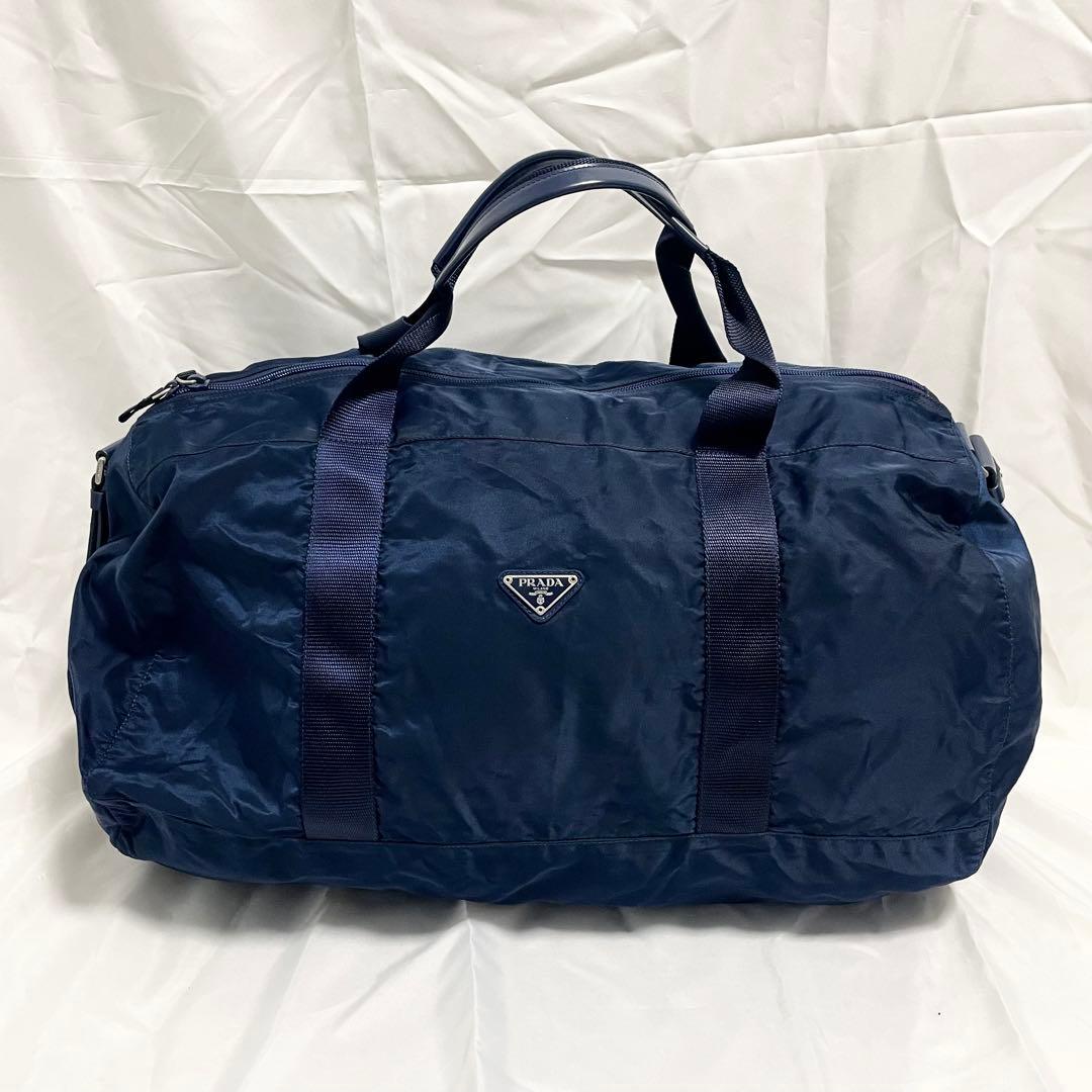 プラダ 三角ロゴ 金具 2way レザー ナイロン ボストンバッグ 斜め掛け 紺