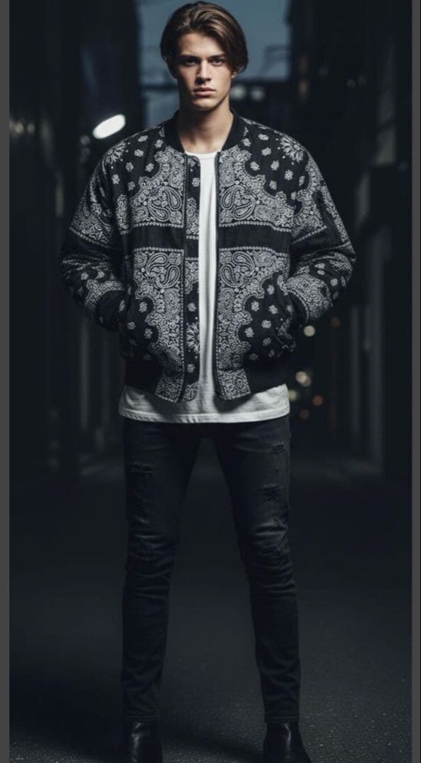 ペイズリー柄　ジャケット オーバーサイズブルゾン 黒×白 XXL BLK