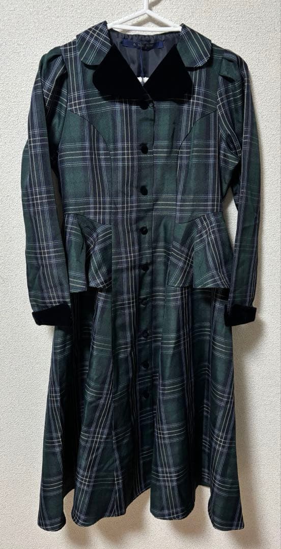 【新品】別珍ラペルペプラムチェックワンピース グリーン