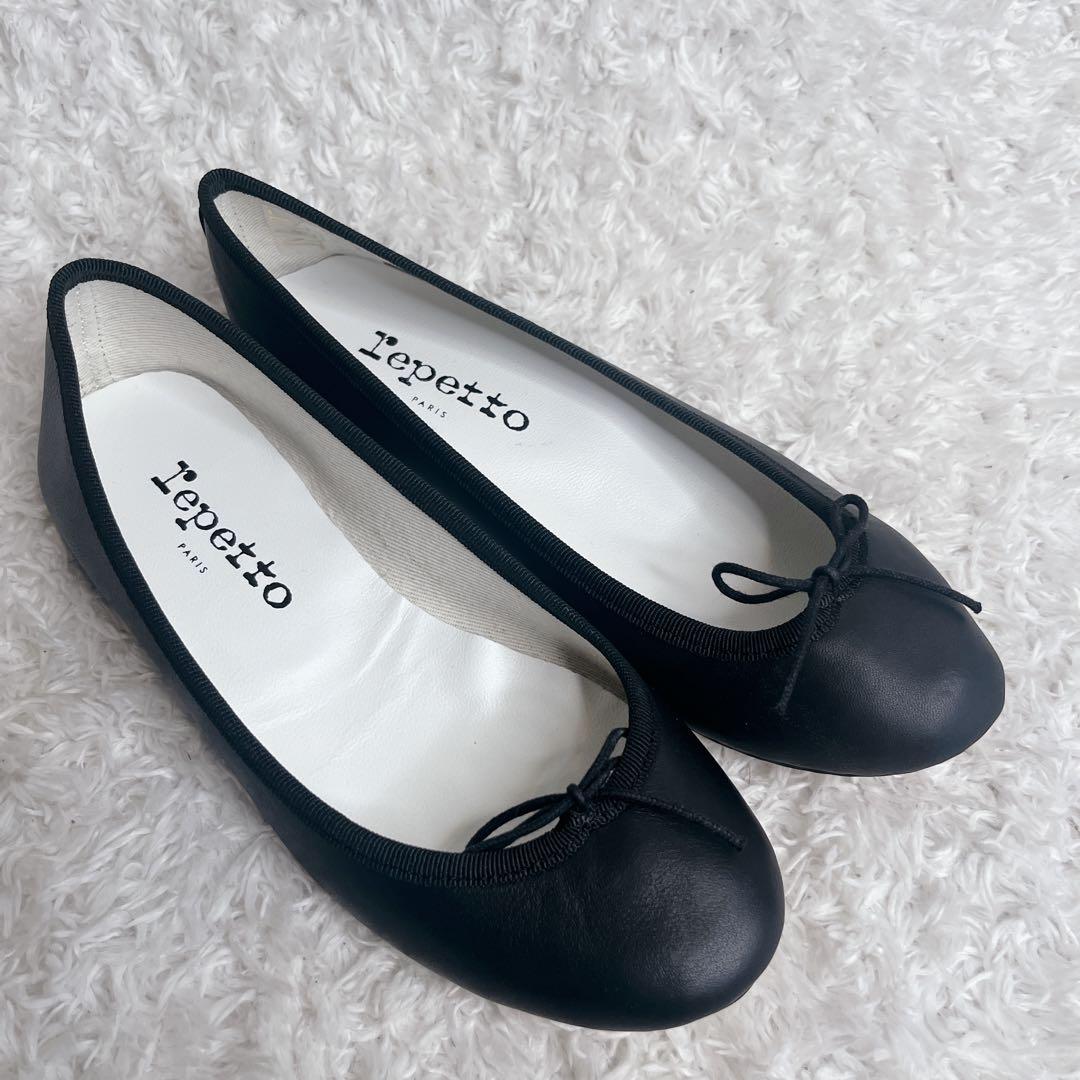 未使用級 レペット レザー ブラック バレエシューズ フラットパンプス 35