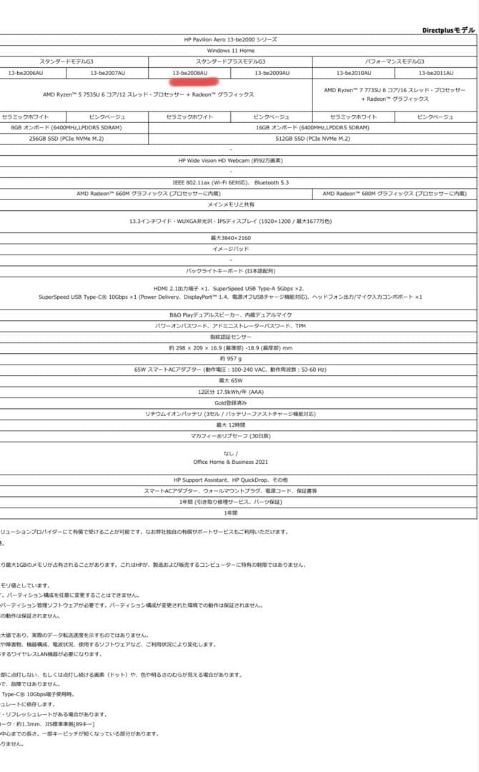 ノートパソコン　HP Pavilion Aero 13-be