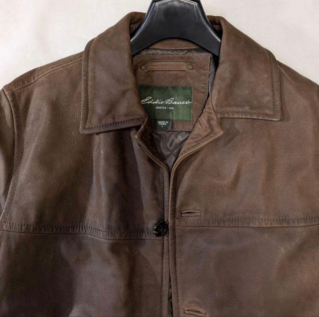 【美品】　エディー・バウアー　レザー カーコート　茶色　Lサイズ