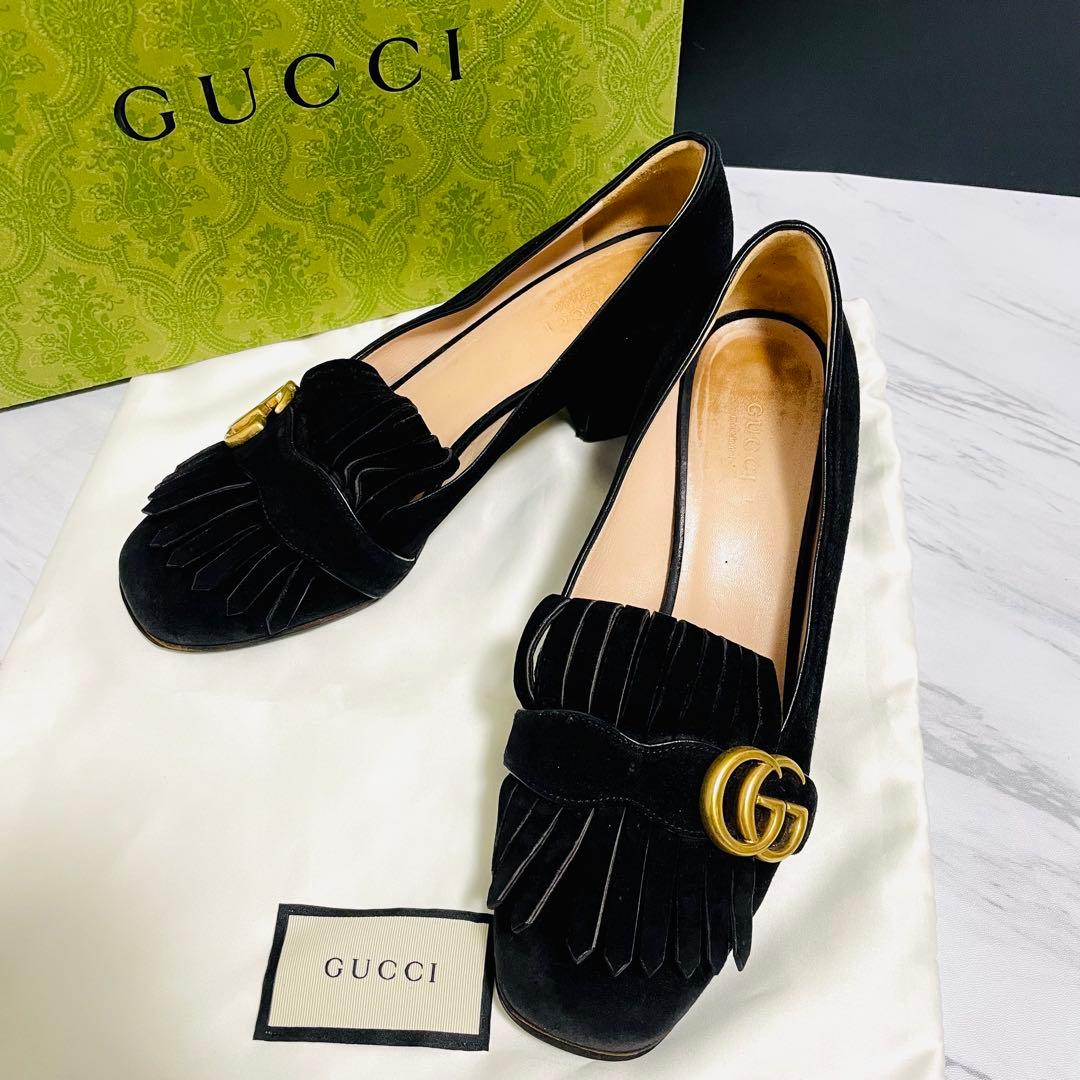 GUCCI GGマーモント フリンジ パンプス スエード 黒 25.5cm