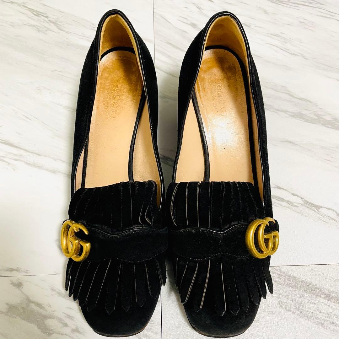 GUCCI GGマーモント フリンジ パンプス スエード 黒 25.5cm