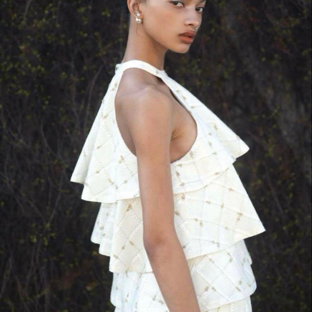 シェリエ candy check tweed ruffle frill tops