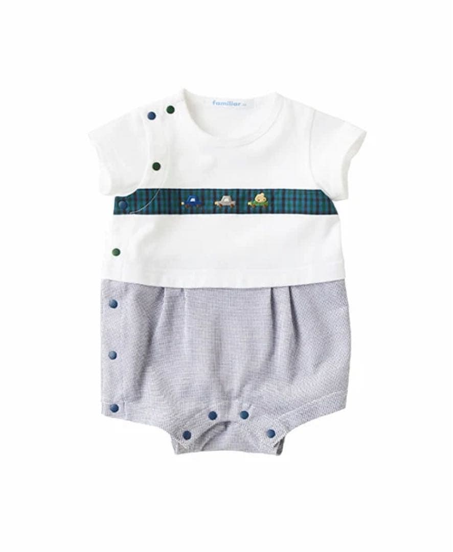 ファミリア　ロンパース　サイズ80 動物刺繍 半袖オールインワン グレー