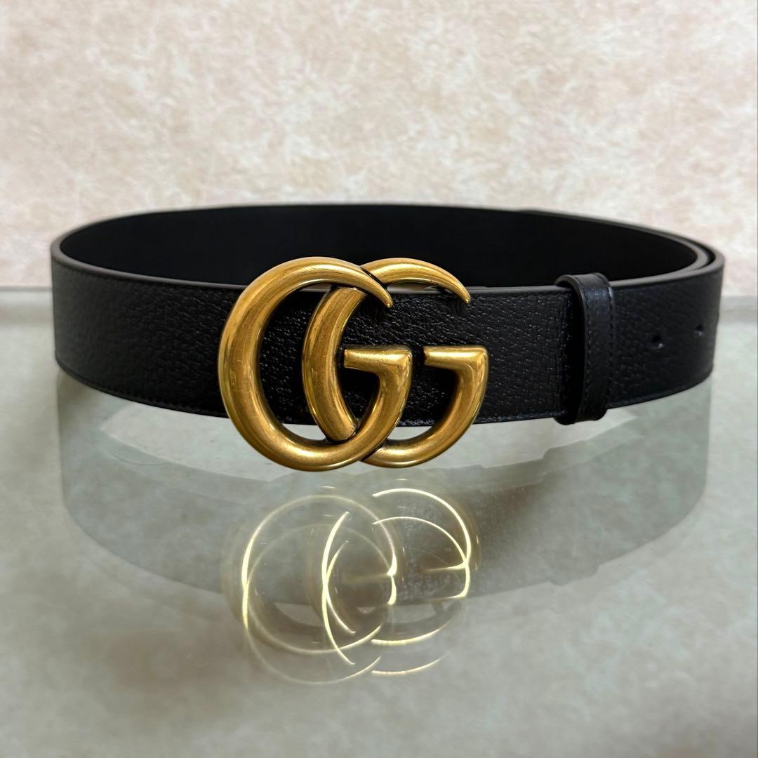 【Gucci/グッチ】箱&ポーチ付き ダブルG スリムベルト ゴールド レザー