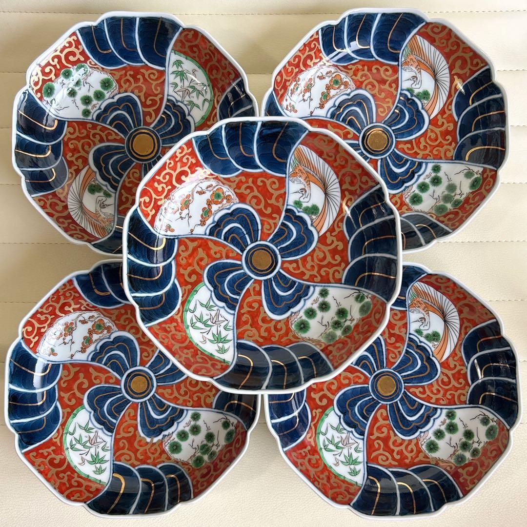 有田焼　藤太郎窯　金彩古伊万里様式　深皿揃　5枚セット　中鉢　中皿　唐草　金襴手