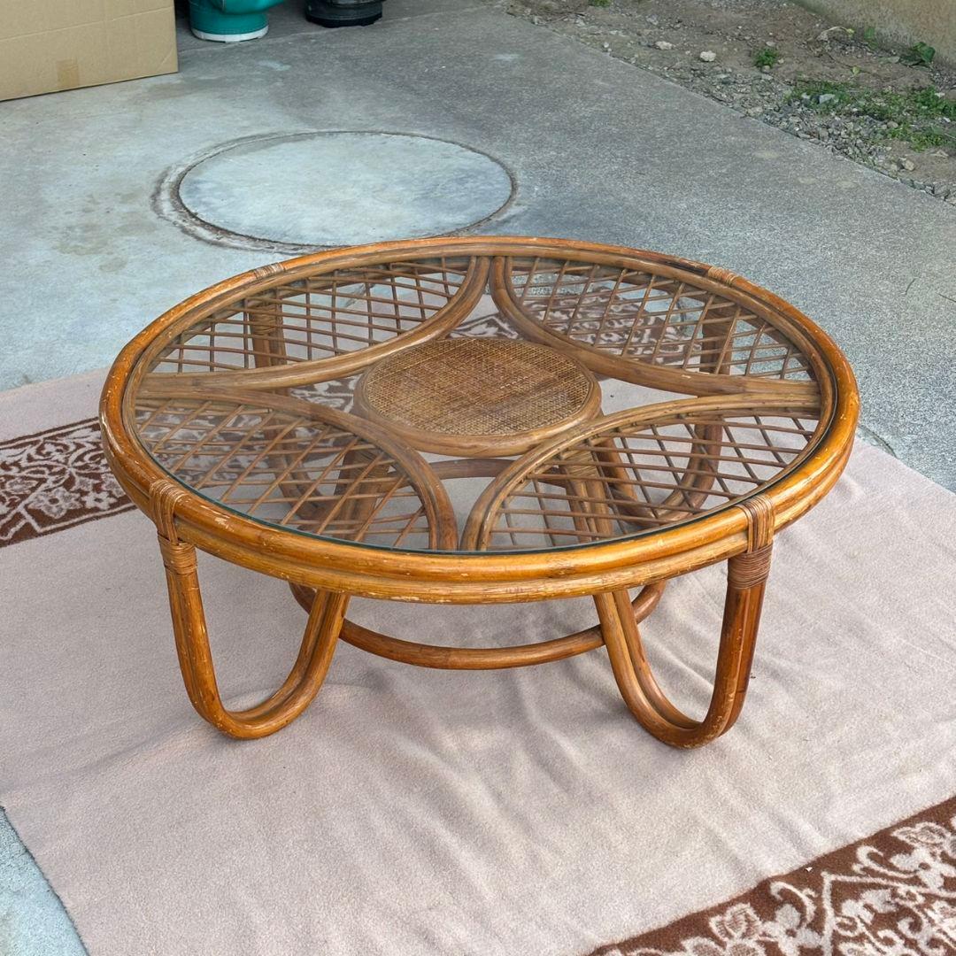 ヴィンテージ 丸ガラス ラタンテーブル 籐 ラウンド コーヒーテーブル 籐家具