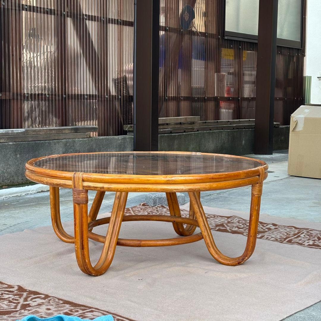 ヴィンテージ 丸ガラス ラタンテーブル 籐 ラウンド コーヒーテーブル 籐家具
