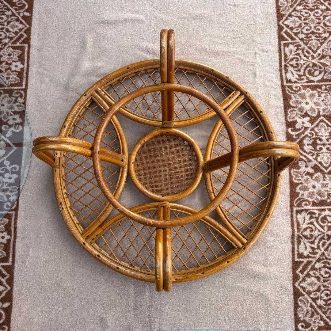 ヴィンテージ 丸ガラス ラタンテーブル 籐 ラウンド コーヒーテーブル 籐家具