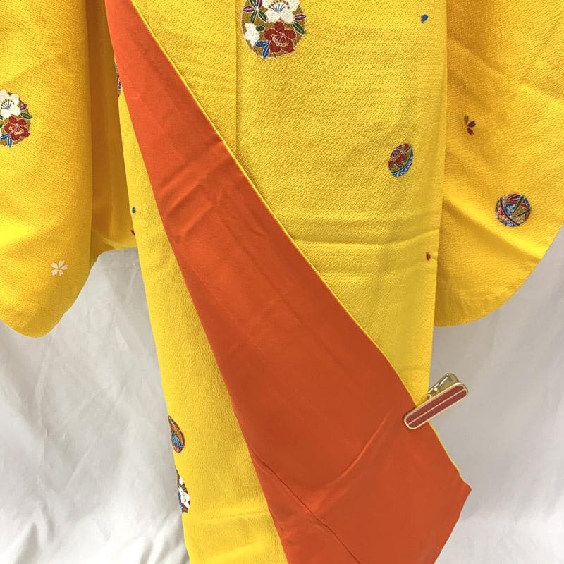 508aj27■ジュニア着物 十三参り 卒業式 縮緬 鞠 黄色 推し色■美品