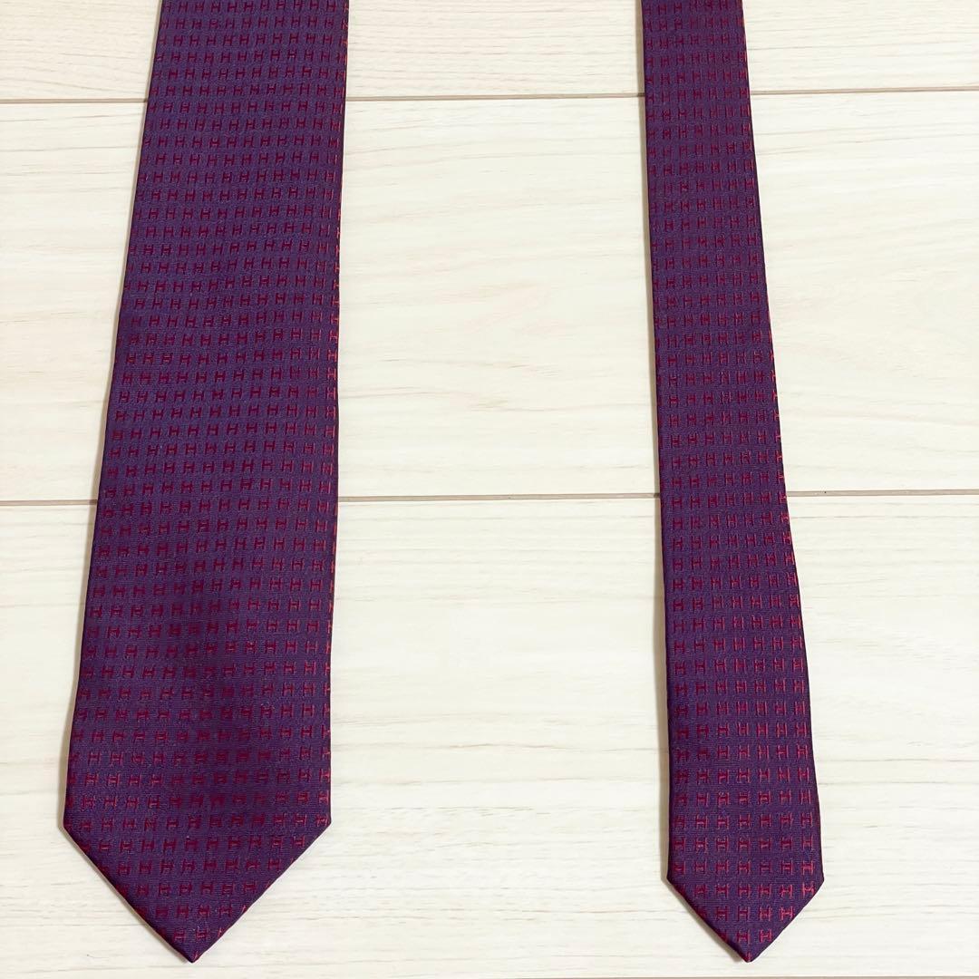 美品　HERMES　エルメス　ネクタイ　ファソネ　H柄　H織　ワインレッド　光沢