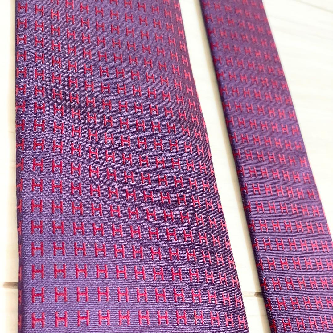 美品　HERMES　エルメス　ネクタイ　ファソネ　H柄　H織　ワインレッド　光沢