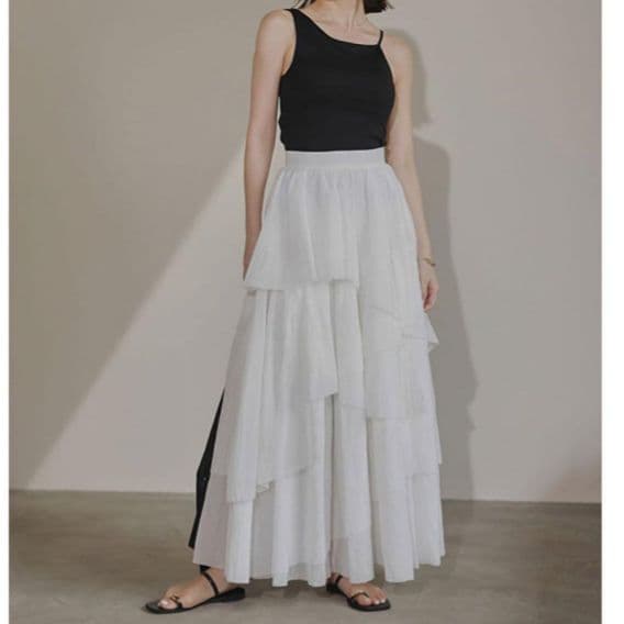 【anuans】イレギュラーティアードボリュームスカート ホワイト M