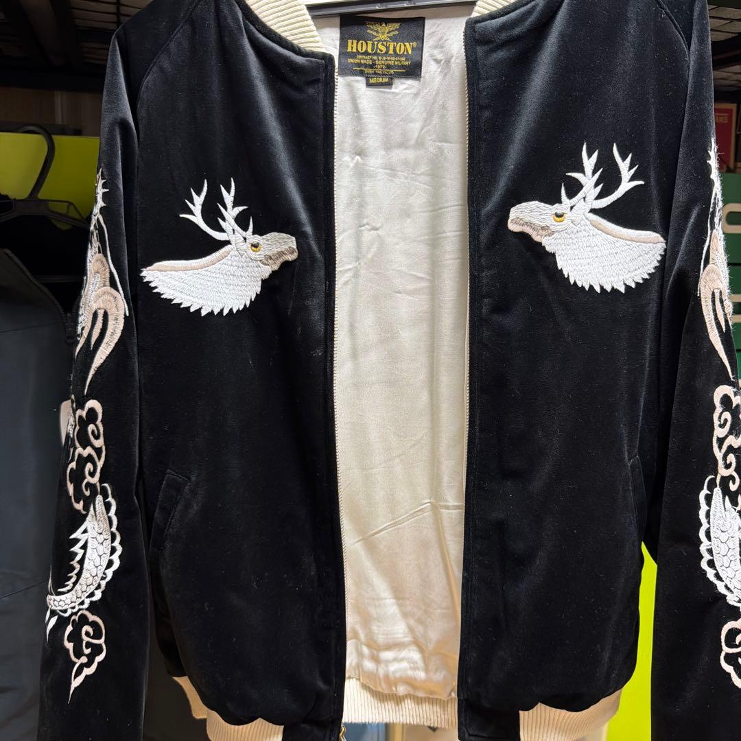 HOUSTON 別珍スカジャン 刺繍 黒 ベルベット
