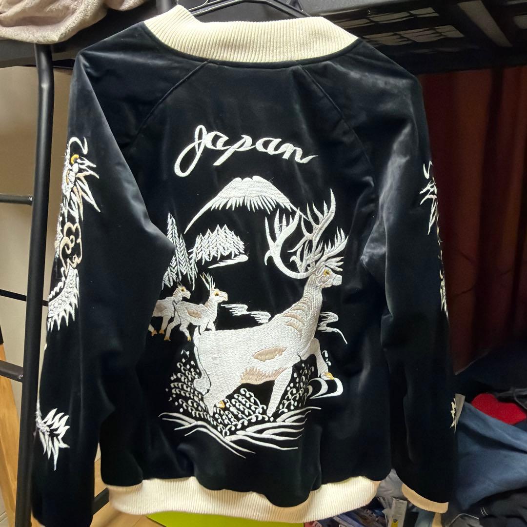 HOUSTON 別珍スカジャン 刺繍 黒 ベルベット