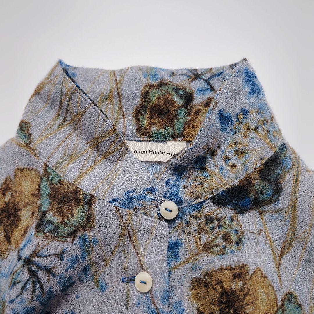 コットンハウスアヤ｜ウールガーゼ 長袖シャツ 水彩フラワー ブルー系 美品