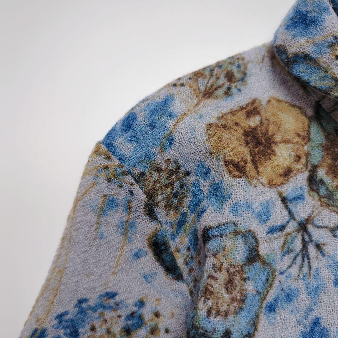 コットンハウスアヤ｜ウールガーゼ 長袖シャツ 水彩フラワー ブルー系 美品