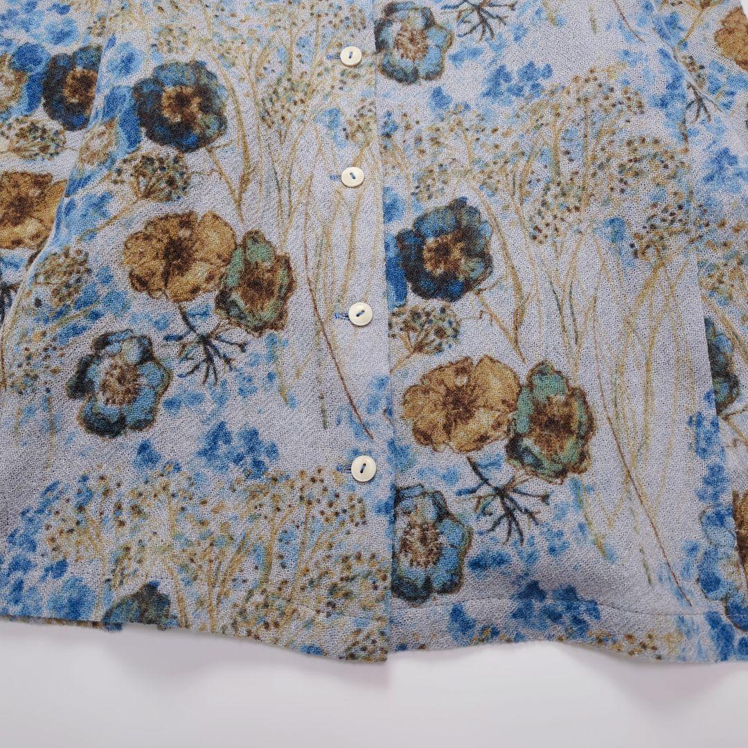 コットンハウスアヤ｜ウールガーゼ 長袖シャツ 水彩フラワー ブルー系 美品