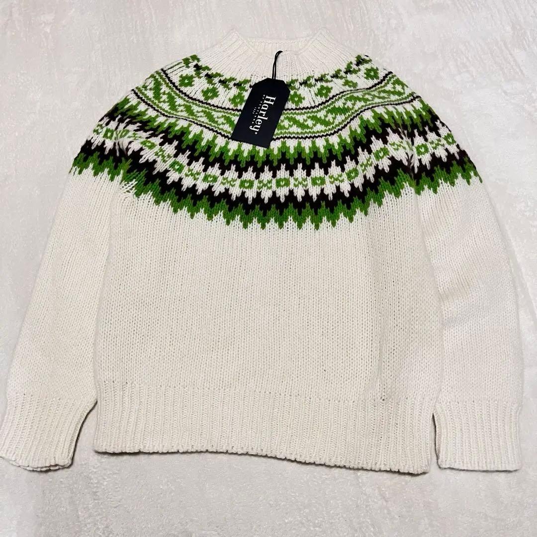 新品タグ付き ハーレーオブスコットランド ノルディック柄 ニット 38 白×緑