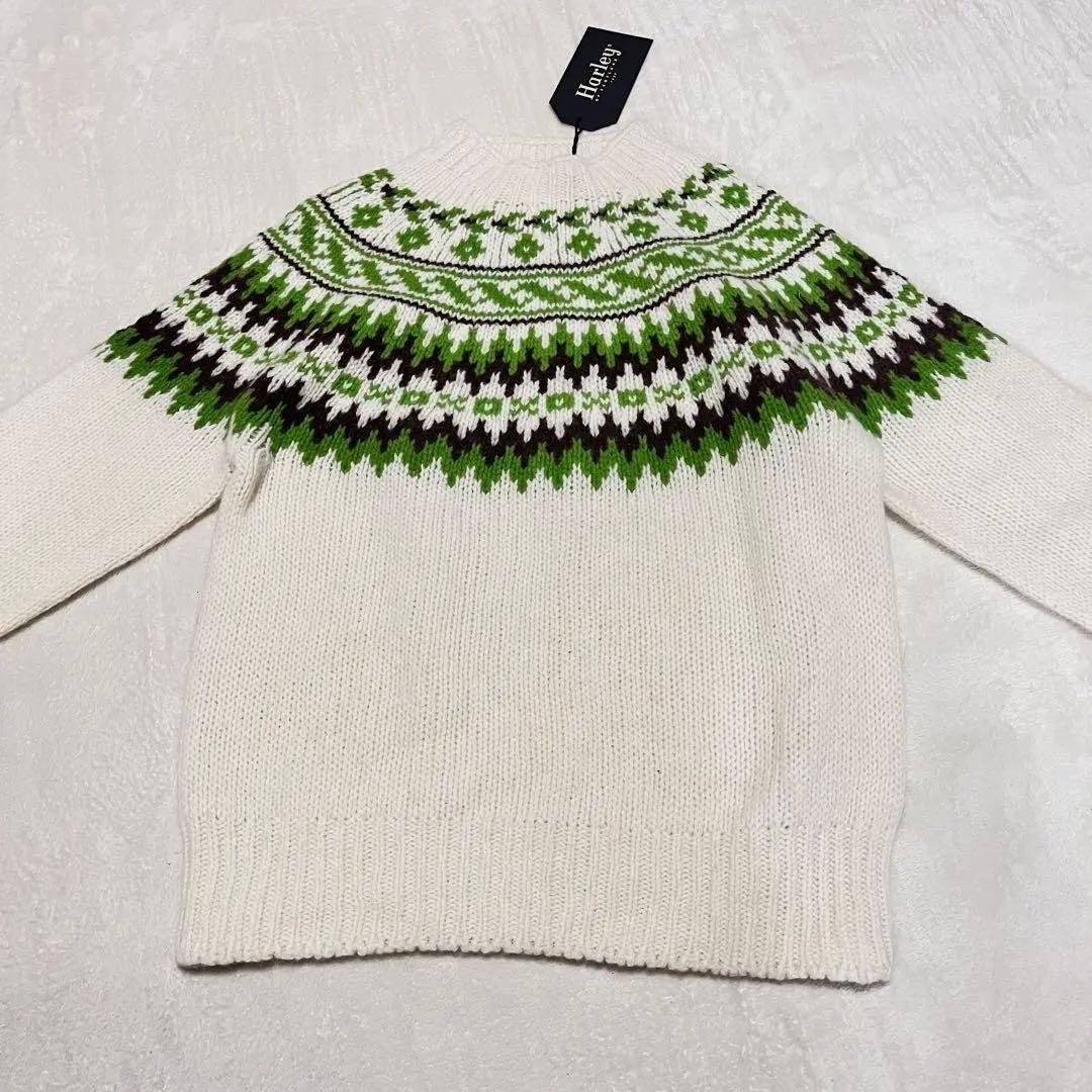 新品タグ付き ハーレーオブスコットランド ノルディック柄 ニット 38 白×緑