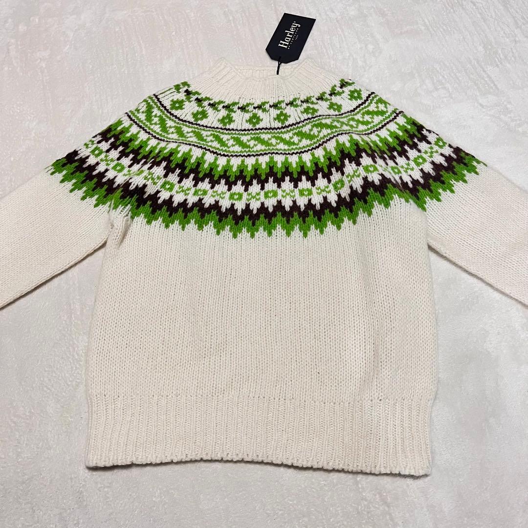 新品タグ付き ハーレーオブスコットランド ノルディック柄 ニット 38 白×緑