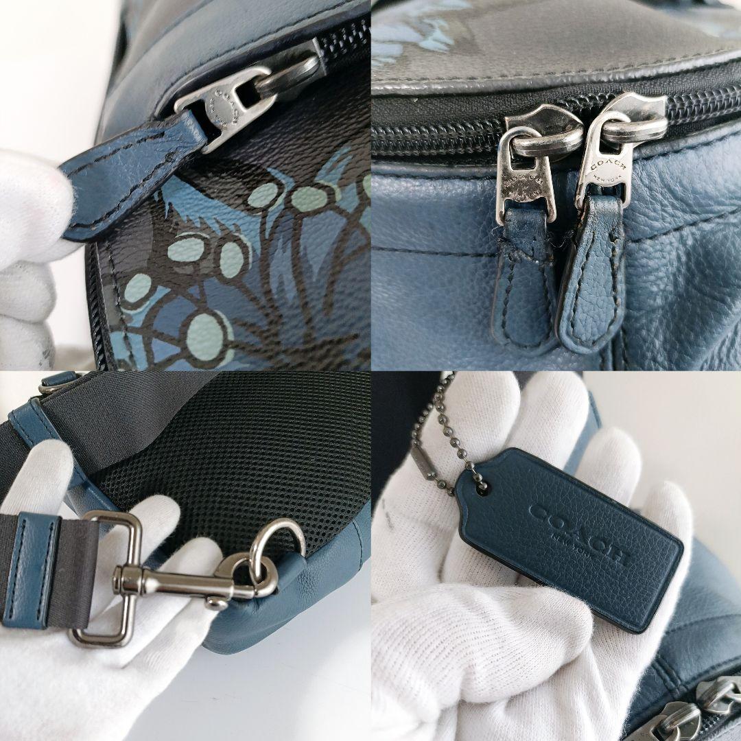 希少美品 COACH フラワープリント ボディバッグ　ネイビー レザー 花柄