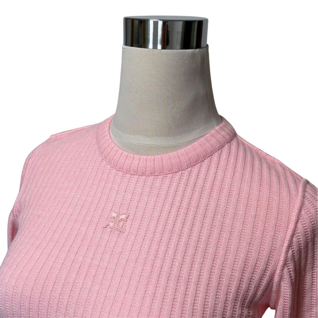 未使用　courreges　クレージュ　ロゴ刺繍　リブニット　フランス製　ピンク
