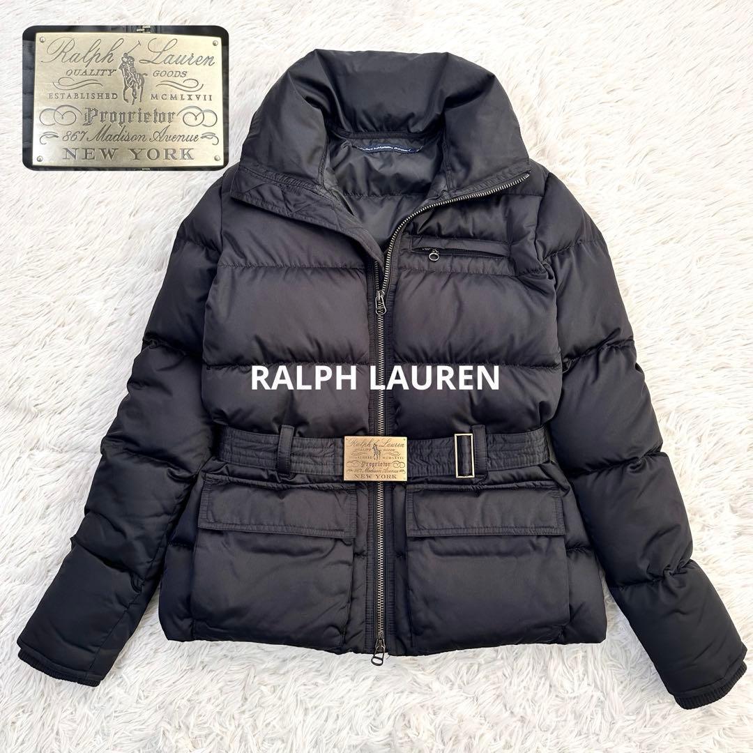 美品 ラルフローレン ダウンジャケット ロゴ金具 バックルベルト 黒 防寒 肉厚