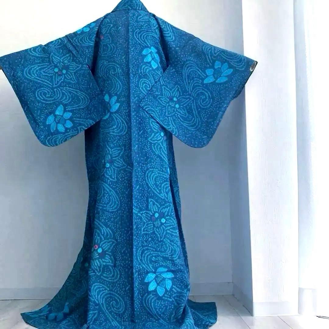 よりゆか 有松絞り・有松鳴海絞り浴衣　グレー・ターコイズNo.7-210B